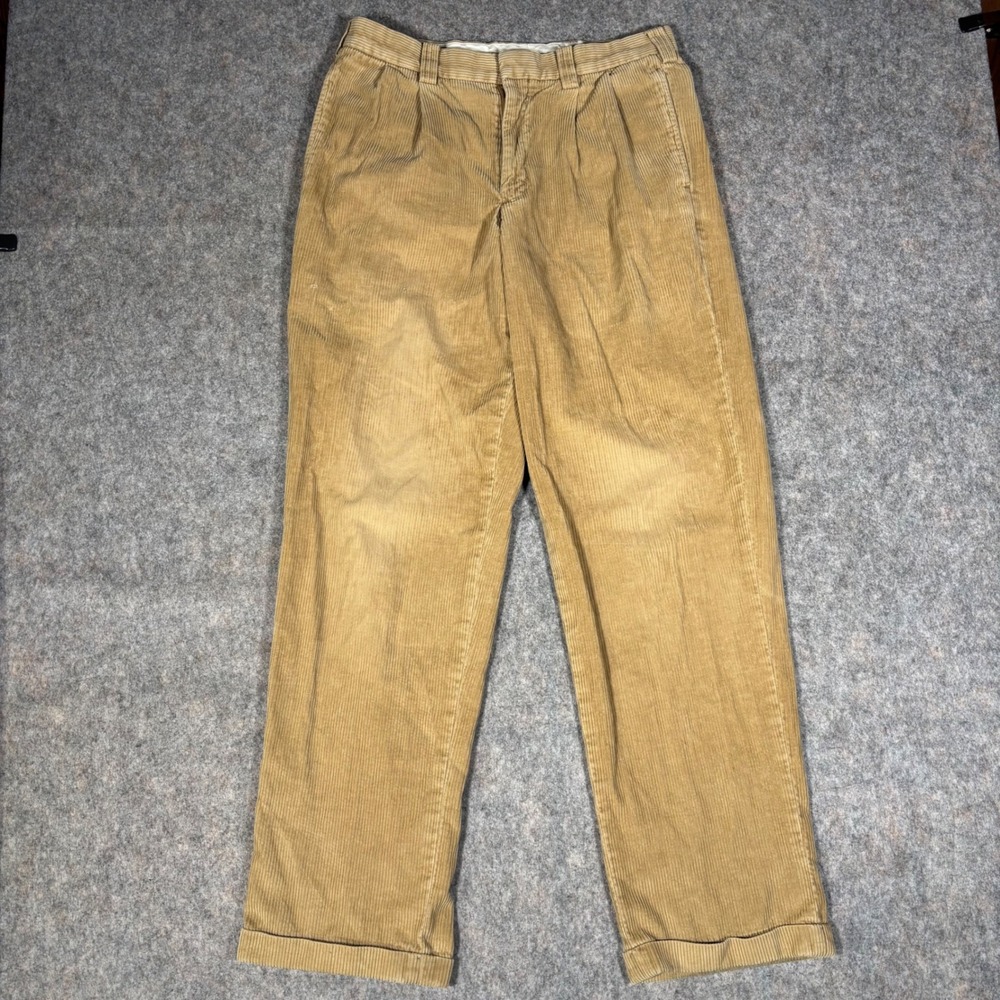 L.L. Bean Corduroy Pants Mens 32 Tan Natural Fit Pleated Cuffed OFNA8 DISTRESSED